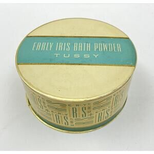 Vintage Tussy Early Iris Bath Powder NOS 1950s Perfumed Talcum Tin Puff Sealed
